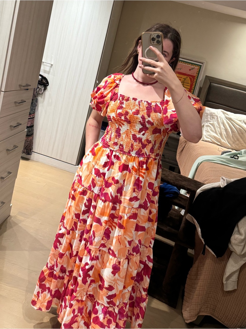Floral Smocked Puff-Sleeve Maxi Dress in Pink & Orange